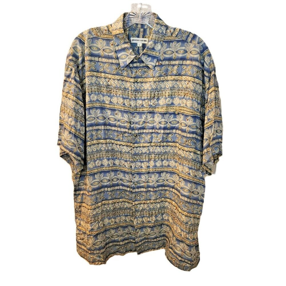 Pierre Cardin Shirt L  Tropical Print  100% Rayon  Button-Down  Machine Washable